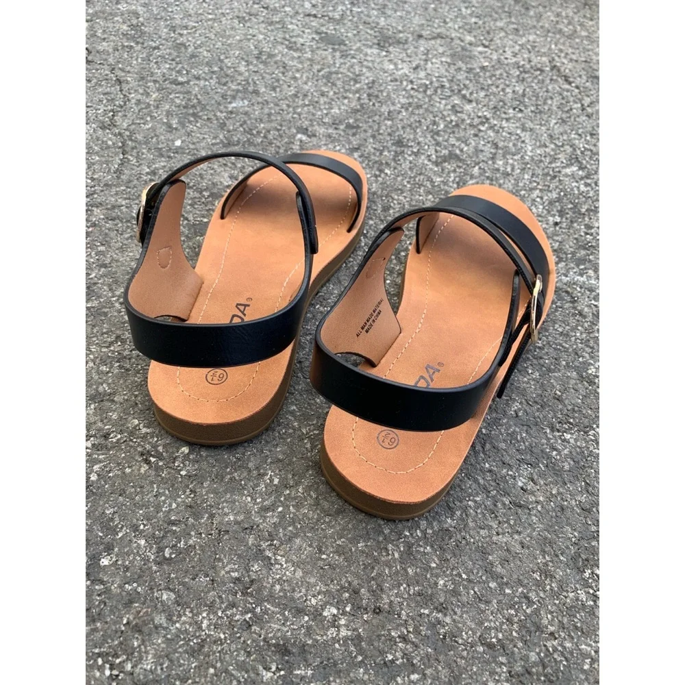 Soda Black and Tan Strappy Buckle Sandals